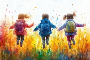 Three kids playing outside in a green meadow