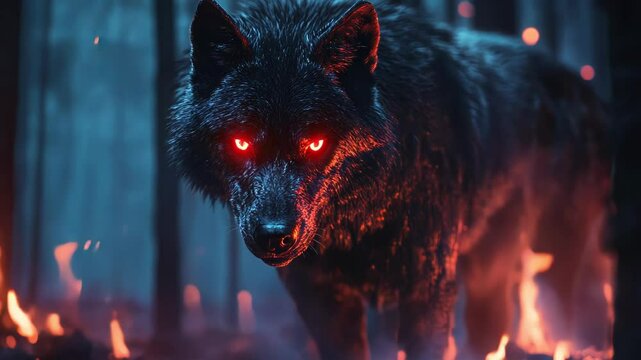 A fierce black wolf with glowing eyes stands amidst a smoky forest.
