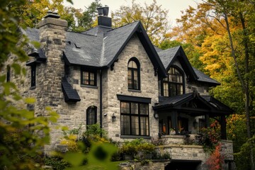 Fototapeta premium Elegant stone house surrounded by vibrant autumn foliage in a serene forest setting
