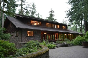Beautiful stone house nestled among tall trees in a serene forest setting during twilight hours
