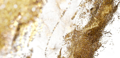 Abstract gold glitter explosion on white. Luxury texture for design, party, celebration, or holiday backgrounds.