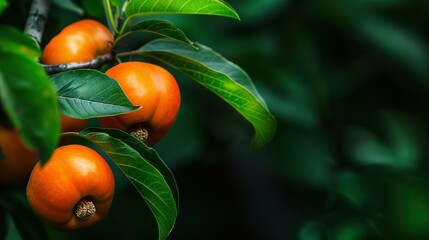   A close-up of oranges on a tree branch surrounded by green leaves and a blurry background