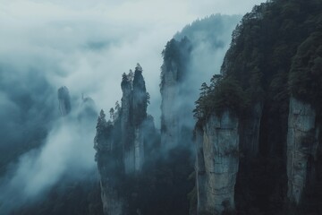 Fototapeta premium Misty Floating Sandstone Pillars in Lush Forest
