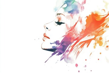 Obraz premium A woman's face painted with vibrant watercolors on a white background