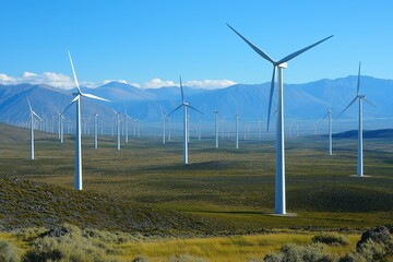 Wind Turbine Farm in Rolling Landscape Under Blue Sky