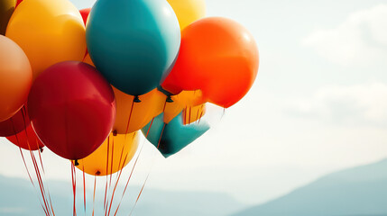 Obraz premium A few balloons floating in the sky against a blue background with a mountain in the distance