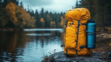 Obraz premium A vibrant yellow backpack rests by a tranquil lake, symbolizing adventure and exploration.