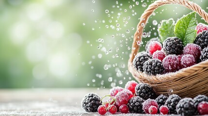   Basket filled with blackberries and raspberries adjacent to basket containing raspberries