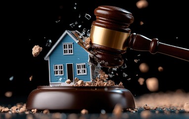 A gavel strikes a miniature house, symbolizing legal proceedings related to real estate, evictions, or property disputes, against a dark background.