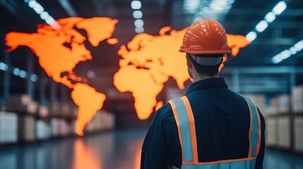 A worker in a hard hat observes a large world map projection amidst a warehouse setting, highlighting global logistics and operations.