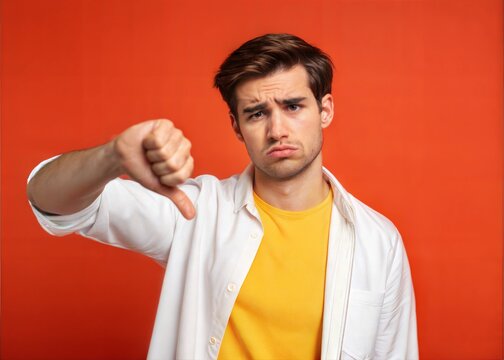 Young Sad Disappointed Man Showing Thumb Down Dislike Gesture in White Shirt Yellow T-Shirt Studio Portrait