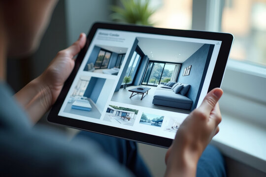 Virtual Home Tour:  A woman browses through a digital real estate portfolio on her tablet, showcasing modern interior design and captivating views from various angles.