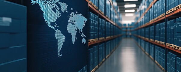 A digital storage warehouse featuring organized blue servers and a world map projection, symbolizing global data management and technology.