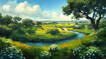 Obraz premium A painting of a river flowing through two lush green fields filled with wildflowers