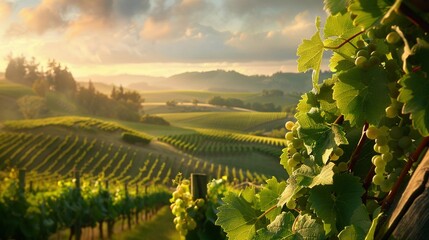 Fototapeta premium A vineyard with vines in the foreground and a distant mountain with clouds in the sky in the background