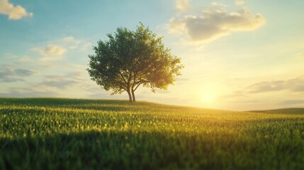 Fototapeta premium Green grass field lawn with tree and yellow sunlight against blue sky. Green Meadows Beautiful Journey Through Nature Great as a background, web banner