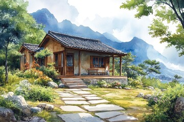 A mountain home surrounded by trees and peaks