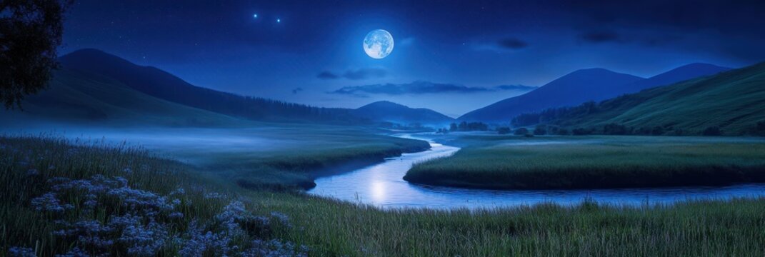 Serene moonlit river valley landscape at night