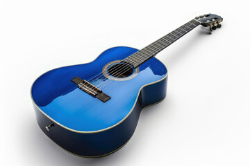 Obraz premium A vibrant blue acoustic guitar resting on a white background, showcasing its glossy finish.