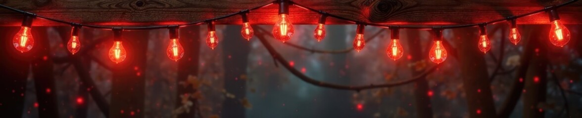 Vintage-style string lights with red glitter strands hanging from a wooden beam, nostalgic atmosphere, festive decor, warm glow