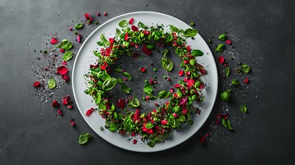   A white plate featuring a lush green and red wreath of leaves and flowers atop a gray tablecloth