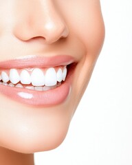 Fototapeta premium A close-up of a woman smiling, showcasing her radiant, white teeth and healthy gums, embodying confidence and beauty.