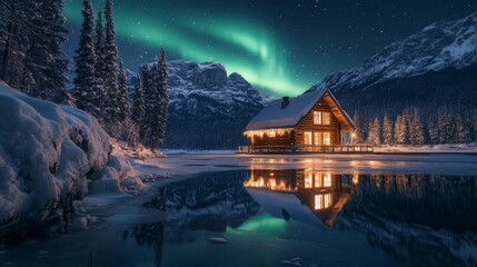 Fototapeta premium A wooden cabin stands by a serene lake, surrounded by snow-covered trees under a starry sky. The northern lights cast a colorful glow, reflecting on the calm water's surface