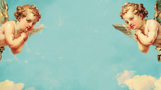 Vintage Renaissance Cherubs on Sky Blue Background with Clouds and Angelic Wings for Classic Art and Decor