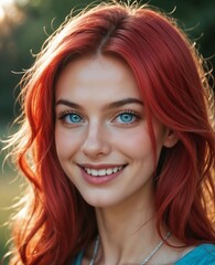 Fototapeta premium Radiant Redhead Woman with Bright Blue Eyes Smiling in Natural Light