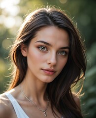 Fototapeta premium Natural Portrait of Young Woman with Green Eyes in Soft Light