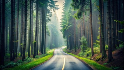 Fototapeta premium Serene Winding Road Through a Misty Evergreen Forest