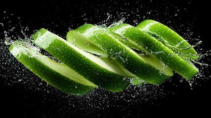   A close-up of a sliced green apple with water splashing off the top and bottom of the slice