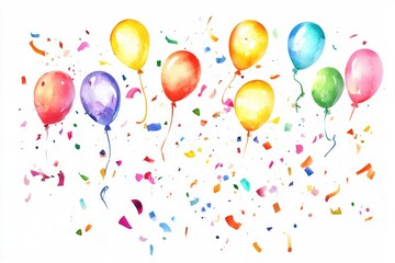 A colorful celebration with balloons and confetti against a white background
