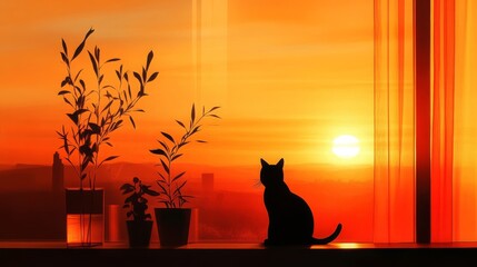 Sunset Silhouette Cat Plants Window Orange Sky Home