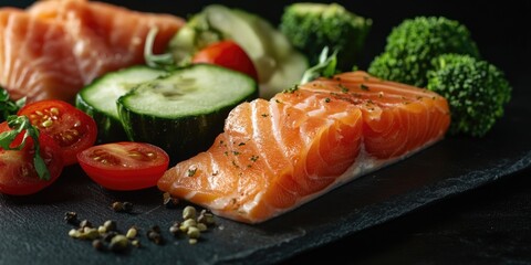 Salad toppings arranged on a dark plate