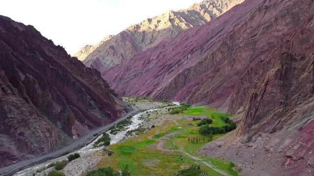 An aerial view of himalayan mountains near lato village in the leh district of ladakh between the Indus river valley and tanglang la pass on the leh-manali highway in India.