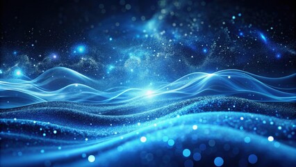 Abstract Blue Cosmic Landscape with Glowing Particles and Waves