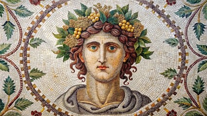 Obraz premium Intricate Ancient Mosaic Depicting a Youthful Figure Adorned with a Floral Wreath