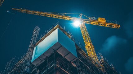 A yellow crane is working on the construction of an office building in white and gray, illuminated by lights at night
