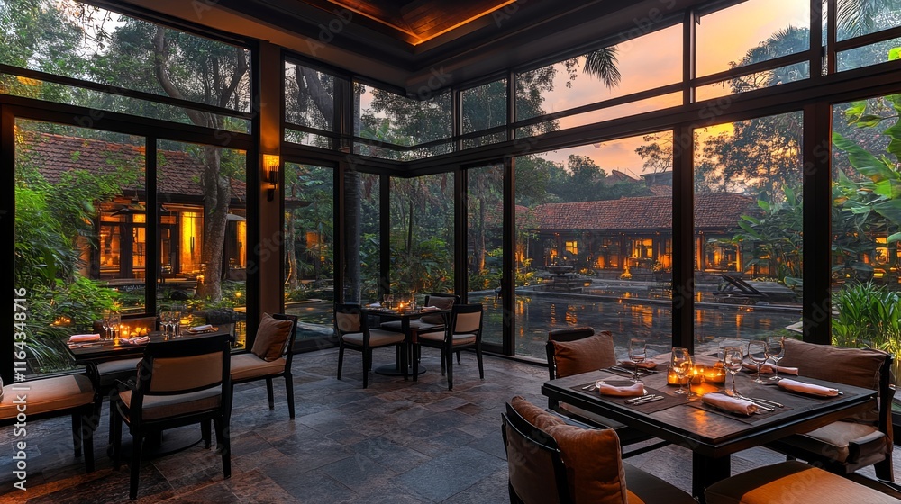 Poster a cozy dining space filled with warm light features elegant tables and chairs. large windows reveal 