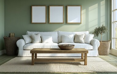 Sunlit living room with white sofa, wooden coffee table, and olive tree.