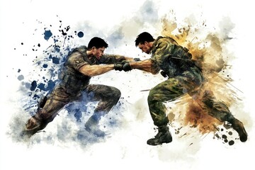 Obraz premium Two men engage in a physical altercation covered in paint splatters