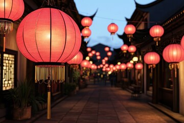 Obraz premium Beautiful Lanterns Illuminating Tranquil Evening Street Scene