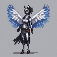 Fototapeta premium Stunning pixel art of a serene angel with vibrant blue wings.