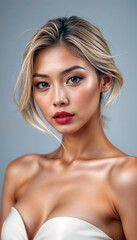 Naklejka premium Stunning beauty portrait of Asian woman with blonde hair and red lipstick flawless makeup and glowing skin