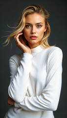 Naklejka premium Portrait of beautiful woman with blonde hair wearing white turtleneck sweater
