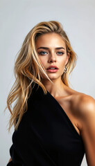 Naklejka premium Stunning blonde model in black one shoulder top fashion beauty portrait
