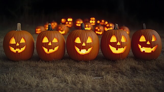 Illuminated Jack O Lanterns Line Up In Field At Night