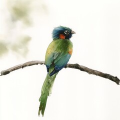 Fototapeta premium Vibrant Green Bird Perched on Branch Watercolor