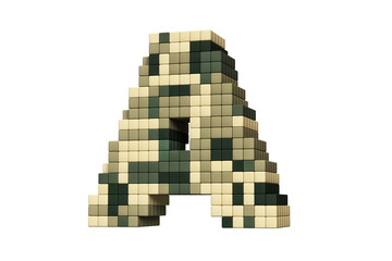 Fototapeta premium Chiptune 3D typography pixel art style letter A in military camouflage tones. High definition 3D rendering.